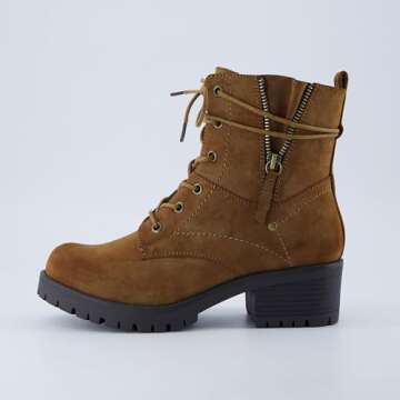 Dunes Women's Kobe Heeled Combat Lace Up Boot with side zip, Wide Widths Available, Tan, 8