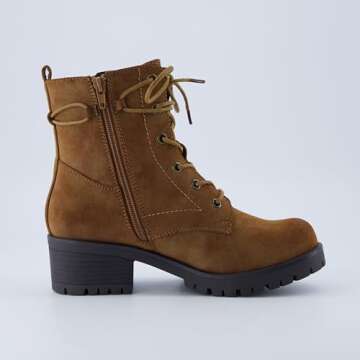 Dunes Women's Kobe Heeled Combat Lace Up Boot with side zip, Wide Widths Available, Tan, 8