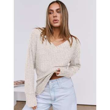 ANRABESS Long Sleeve Shirts for Women V Neck Casual Fall Tops Loose Fit Lightweight Sweaters Tunic Fashion 2024 Clothes Beige Large