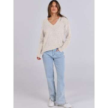 ANRABESS Long Sleeve Shirts for Women V Neck Casual Fall Tops Loose Fit Lightweight Sweaters Tunic Fashion 2024 Clothes Beige Large