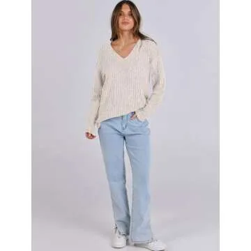 ANRABESS Long Sleeve Shirts for Women V Neck Casual Fall Tops Loose Fit Lightweight Sweaters Tunic Fashion 2024 Clothes Beige Large