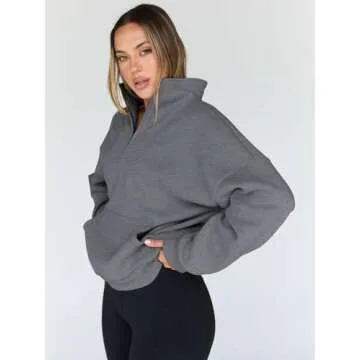 Trendy Queen Sweatshirts Quarter Half Zip Pullover Oversized Hoodies Sweaters Comfy Fall Outfits 2025 Y2K Winter Clothes DarkGrey S