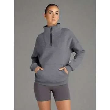 Trendy Queen Sweatshirts Quarter Half Zip Pullover Oversized Hoodies Sweaters Comfy Fall Outfits 2025 Y2K Winter Clothes DarkGrey S