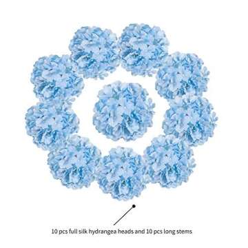 H.FLOLAVIDA Hydrangea Silk Fake Flowers Heads with Stems, Artificial Flowers for Decoration Wedding Home Party Shop Baby Shower,Room Decor for Bedroom Aesthetic, Pack of 10……… (Sky Blue)