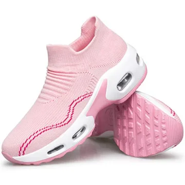 DOUSSPRT Womens Walking Shoes Slip on Sock Sneakers Lady Girls Nurse Mesh Air Cushion Platform Loafers Fashion Casual Confort Pink US Size 8