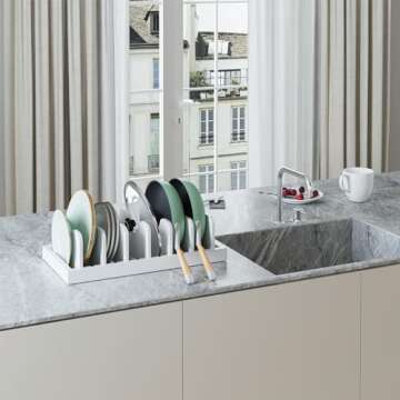 Natural Bamboo Pot Lid/Pan/Cutting Board/Backing Sheets/Dinner Plates Organizer Holder, Multifunctional Kitchen Storage Rack for Countertop or Carbinet——White