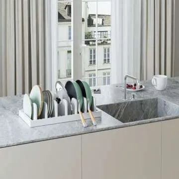 Natural Bamboo Pot Lid/Pan/Cutting Board/Backing Sheets/Dinner Plates Organizer Holder, Multifunctional Kitchen Storage Rack for Countertop or Carbinet——White