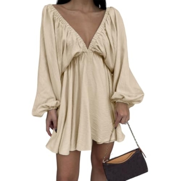 LOFAAC 2024 Women Sexy Deep V Neck Puff Long Sleeve Mini Dress Backless High Waist Ruffle Short Dres...