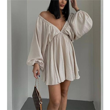 LOFAAC Women V Neck Puff Mini Dress for Parties