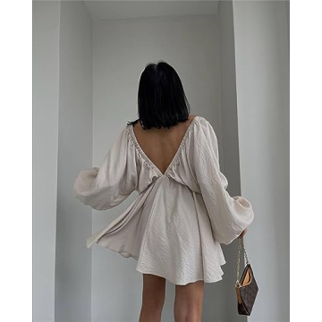 LOFAAC Women V Neck Puff Mini Dress for Parties