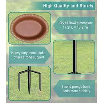 Garbuildman Extra-Large Freestanding Birdbaths Bowl, Detachable Decoration Spa with Metal Stake Stand & Birdfeeder for Outdoor Garden, Oval Style, Chocolate