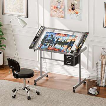 ZENY Drafting Table on Wheels with Storage Drawers, Adjustable Glass Tabletop, Craft Table Drawing D...