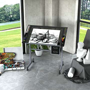 ZENY Drafting Table on Wheels with Storage Drawers, Adjustable Glass Tabletop, Craft Table Drawing Desk Artist Hobby Table for Painting, Drawing, Crafting