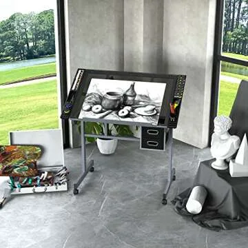 ZENY Drafting Table on Wheels with Storage Drawers, Adjustable Glass Tabletop, Craft Table Drawing Desk Artist Hobby Table for Painting, Drawing, Crafting