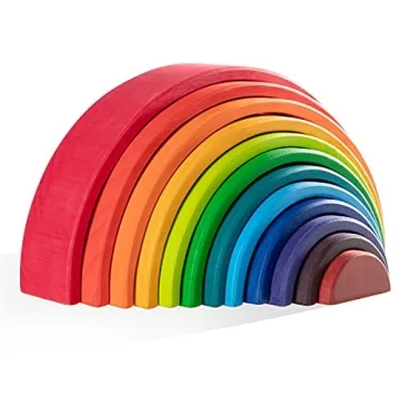 MERRYHEART Wooden Rainbow Stacking Toy - 12 Piece Wooden Rainbow Stacker, Extra Large Wooden Stackin...
