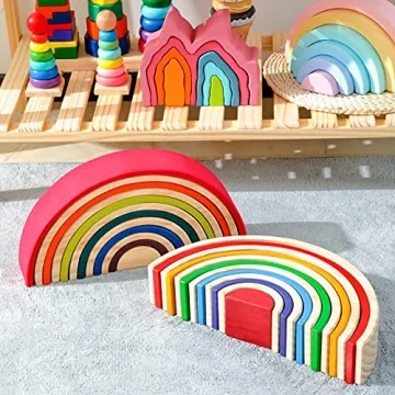 MERRYHEART Wooden Rainbow Stacking Toy for Kids