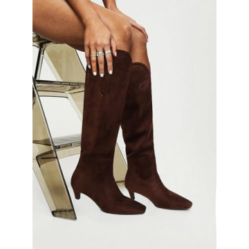 DOEYG Brown Suede Cowboy Boots for Women Pointed Toe Knee High Tall Boots Pull on Wide Calf Western Boots Fashion Dressy Comfortable Long Boots Size 7.5