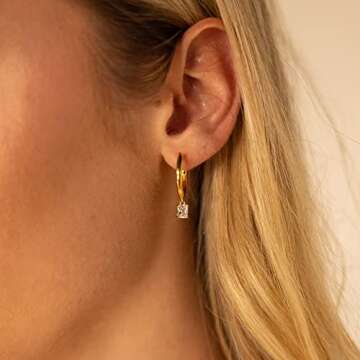 14K Gold Huggies with Dangling Moissanite Gemstones | Moissanite Drop Huggies Hoops Gift for Her (S)