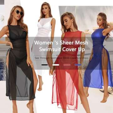 Swimsuit Women Cover Up High Split Drawstring Mesh Dress for Women Swimwear Bikini Cover Up See Through Dress Sheer Dress Royal Blue Small
