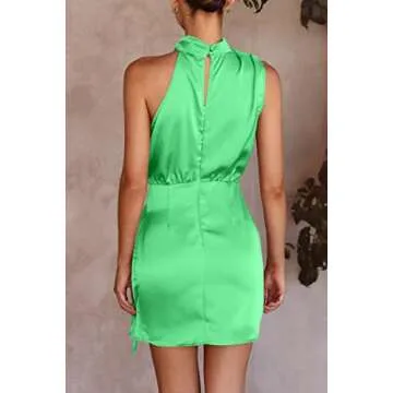 PRETTYGARDEN Women's Short Formal Satin Dress Summer Sleeveless Mock Neck Tie Waist Cocktail Party Dresses (Grass Green,Small)
