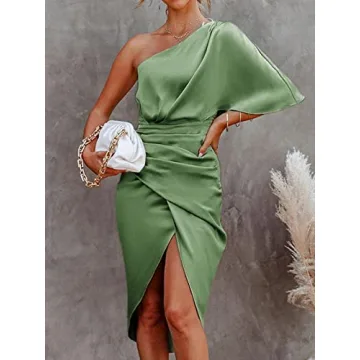 CUPSHE Women Satin Dress Backless One Shoulder Short Sleeves Midi High Low Hem Cocktail Party Dress Sage Green with Zipper M