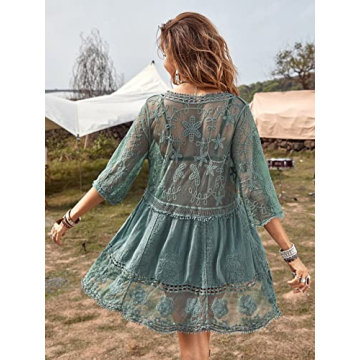 Floerns Women's Contrast Lace Plunging V Neck Bikini Cover Up Beach Dress Bathing Suit Green One Size