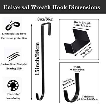 Wreath Hanger, 15" Wreath Hangers for Front Door, Indoor or Outdoor Over The Door Wreath Hook Hanger for Easter Spring Halloween Xmas Wreath Decorations, Steel Material, 20lb Load Bearing