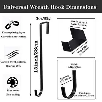 Wreath Hanger, 15" Wreath Hangers for Front Door, Indoor or Outdoor Over The Door Wreath Hook Hanger for Easter Spring Halloween Xmas Wreath Decorations, Steel Material, 20lb Load Bearing