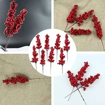 SUPVOX Red Fruit DIY 8pcs Artificial Red Berry Stems Christmas Fake Plants Berries Pine Branches DIY Xmas Picks Decorations for Christmas Tree Ornaments Red Fruit Christmas Tree