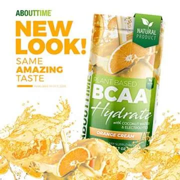 About Time Plant Based BCAA Hydrate Clear with L-Glutamine & Electrolytes (Non-GMO, Gluten Free, Monk Fruit) - Orange Cream, 20 Servings