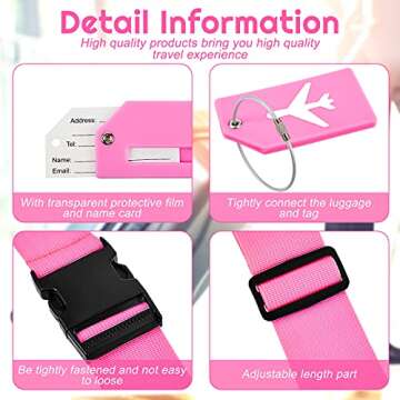 8 Pcs Luggage Straps Suitcase Tags Set for TSA Approved, 4 Travel Adjustable Suitcase Belt, 4 Silicone Luggage Tags with Name ID Card Travel Accessories(Pink)