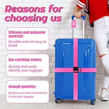 8 Pcs Luggage Straps Suitcase Tags Set for TSA Approved, 4 Travel Adjustable Suitcase Belt, 4 Silicone Luggage Tags with Name ID Card Travel Accessories(Pink)