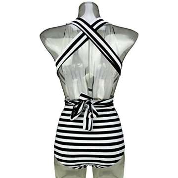 COCOSHIP Black & White Striped Fashion One Piece V-Neck Swimsuit Bather High Waisted Criss Cross Swimwear Monokini L(US8)