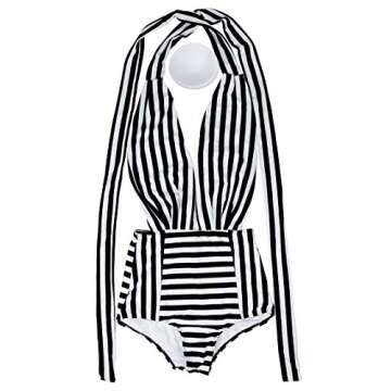 COCOSHIP Black & White Striped Fashion One Piece V-Neck Swimsuit Bather High Waisted Criss Cross Swimwear Monokini L(US8)