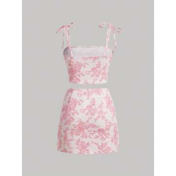 Floerns Women's 2 Piece Outfit Floral Print Tie Shoulder Cami Top with Skirt Set Pink and White Medium