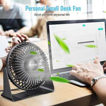 BESKAR USB Small Desk Fan, Portable Fans with 3 Speeds Strong Airflow, Quiet Operation and 360°Rotate, Personal Table Fan for Home,Office, Bedroom - 3.9 ft Cord