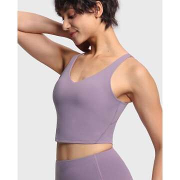 Women’s Longline Sports Bra - Wirefree Padded Medium Support Yoga Top Grey Purple