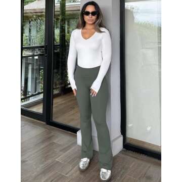 PINSPARK Womens Bootcut Yoga Pants with Pockets Casual Long Bootleg Flare Pants High Waisted Active Flare Leggings Petite Sage Gray S