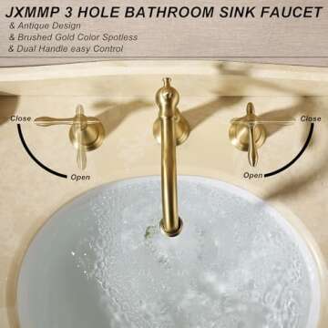 JXMMP Antique Brushed Gold Bathroom Faucet 3 Hole, Widespread Bathroom Sink Faucet with Pop Up Drain and cUPC Supply Hose, Modern 2 Handle Vanity Faucet Gold JXM3073BG