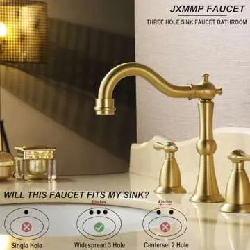JXMMP Antique Brushed Gold Bathroom Faucet 3 Hole, Widespread Bathroom Sink Faucet with Pop Up Drain and cUPC Supply Hose, Modern 2 Handle Vanity Faucet Gold JXM3073BG