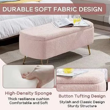 Sudwesto Modern Storage Ottoman Bench, Vintage Boucle Upholstered Entryway Bench, End of Bed Bench with Gold Legs, Padded Bench with Storage for Living Room, Bedroom, Entryway (Pink)