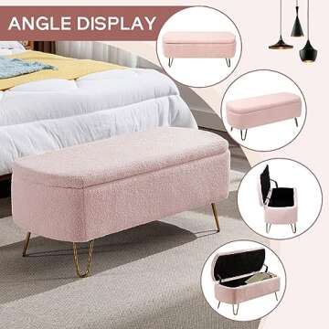 Sudwesto Modern Storage Ottoman Bench, Vintage Boucle Upholstered Entryway Bench, End of Bed Bench with Gold Legs, Padded Bench with Storage for Living Room, Bedroom, Entryway (Pink)