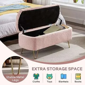 Sudwesto Modern Storage Ottoman Bench, Vintage Boucle Upholstered Entryway Bench, End of Bed Bench with Gold Legs, Padded Bench with Storage for Living Room, Bedroom, Entryway (Pink)