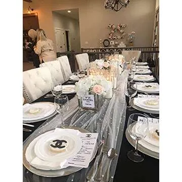 Set of 2 Table Runner 10ft Wedding Veil White Dessert Tablecloth Chiffon Tulle Pearl Lace Boho Glitt...