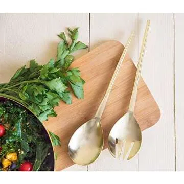 Folkulture Serving Utensils for Modern Serving and Cooking, Stainless Steel Kitchen Salad Servers or Salad Tongs, 12-Inch Serving Spoon and Fork Set for Salad, Gravies or Pasta, Gold/Brass Finish