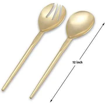 Folkulture Serving Utensils for Modern Serving and Cooking, Stainless Steel Kitchen Salad Servers or Salad Tongs, 12-Inch Serving Spoon and Fork Set for Salad, Gravies or Pasta, Gold/Brass Finish