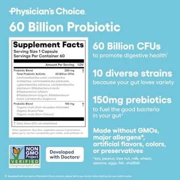 Physician's CHOICE Probiotics 60 Billion CFU - 10 Strains + Organic Prebiotics - Immune, Digestive & Gut Health - Supports Occasional Constipation, Diarrhea, Gas & Bloating - for Women & Men - 60ct