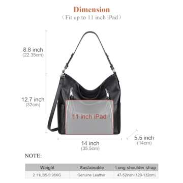Over Earth Genuine Leather Hobo Bags for Women Soft Purses and Handbag Ladies Casual Shoulder Bag(O209E Black)