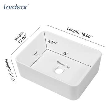 Lordear Vessel Sink Rectangular 16"x12" Rectangle Bathroom Sink Pure White Porcelain Ceramic Vessel ...