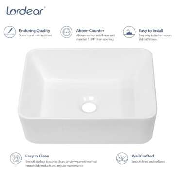 Lordear Vessel Sink Rectangular 16"x12" Rectangle Bathroom Sink Pure White Porcelain Ceramic Vessel Sink, Rectangular Above Counter Sink Art Basin